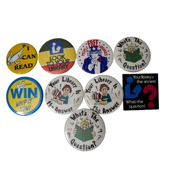Lot 9 Vintage Library Pin Reading Books 1980s Free Libraries President Dino - Picture 1 of 10